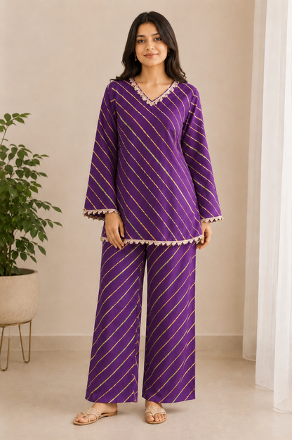 JAMUN LEHERIYA COORD SET