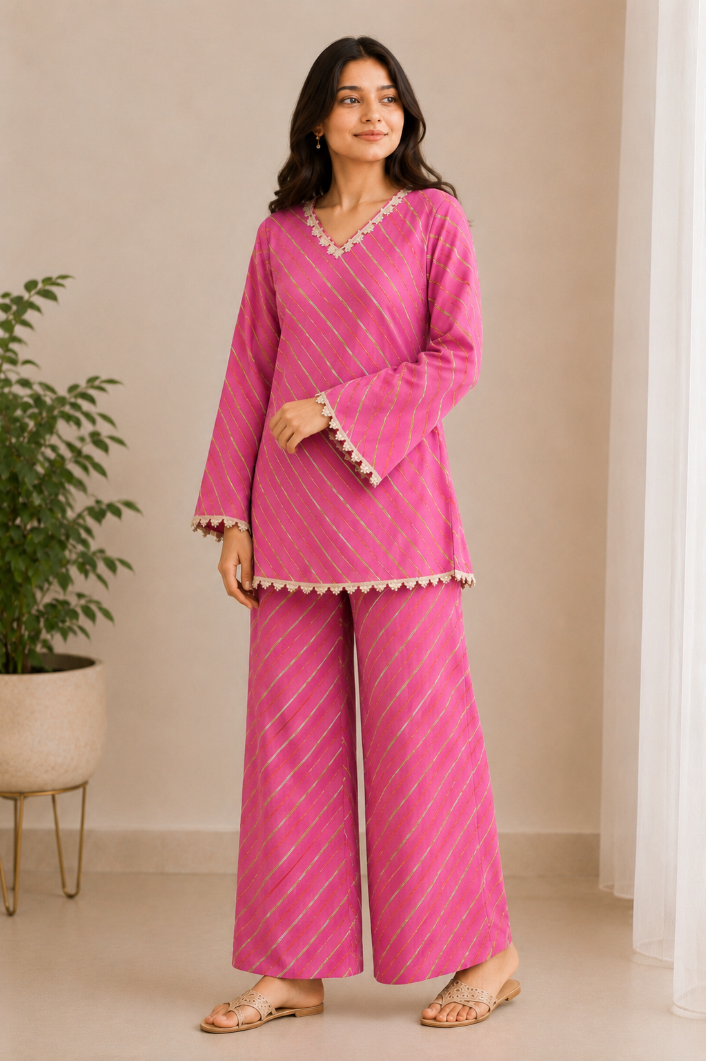 GULABI LEHERIYA COORD SET
